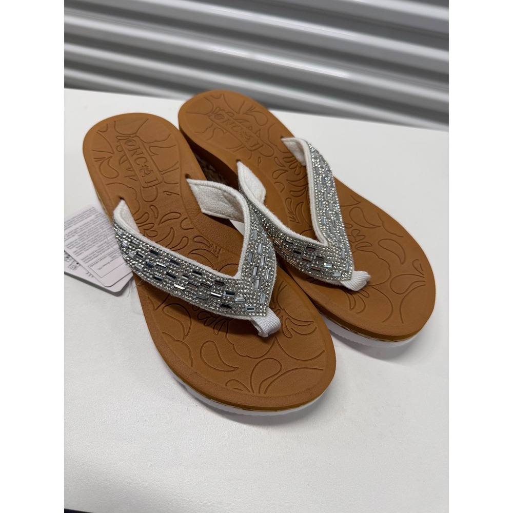 ONCAI Womens Rhinestone Platform Flip Flops White Crystal Wedge Sandals size 6